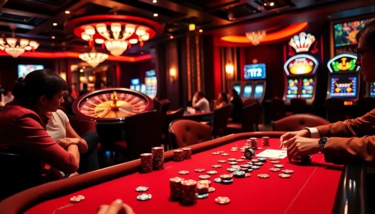 Thrilling gaming scene showcasing thabet poker action with vibrant chips and roulette excitement.