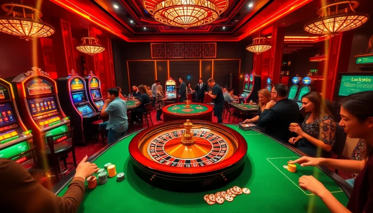 Experience the thrill of Luckywin with players enjoying a luxurious casino setting filled with roulette wheels and slot machines.