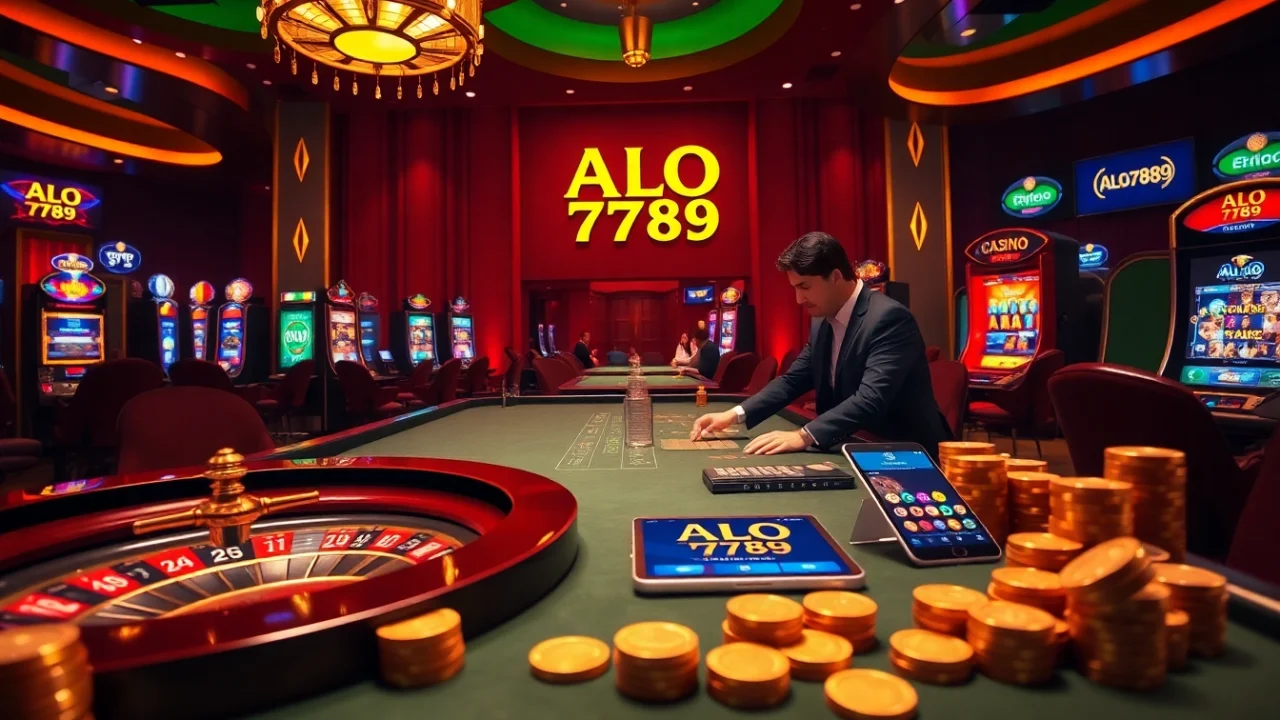 A thrilling gambling scene featuring ALO 789 branding with players at a roulette table.