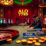 A thrilling gambling scene featuring ALO 789 branding with players at a roulette table.