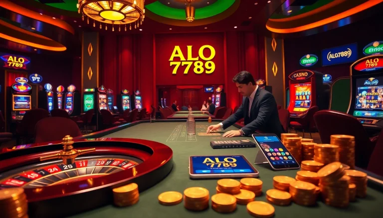 A thrilling gambling scene featuring ALO 789 branding with players at a roulette table.