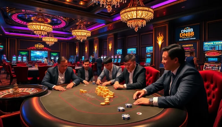 Exciting casino gameplay highlighting DN88 poker chips on a lavish table.