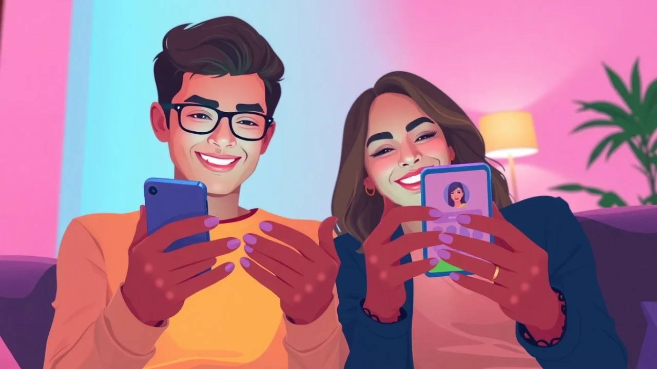 Couple engaging with the OKFUN dating app in a friendly, modern atmosphere.