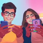 Couple engaging with the OKFUN dating app in a friendly, modern atmosphere.