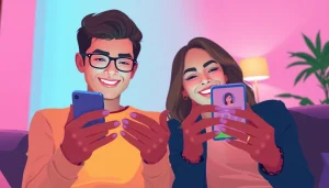 Couple engaging with the OKFUN dating app in a friendly, modern atmosphere.