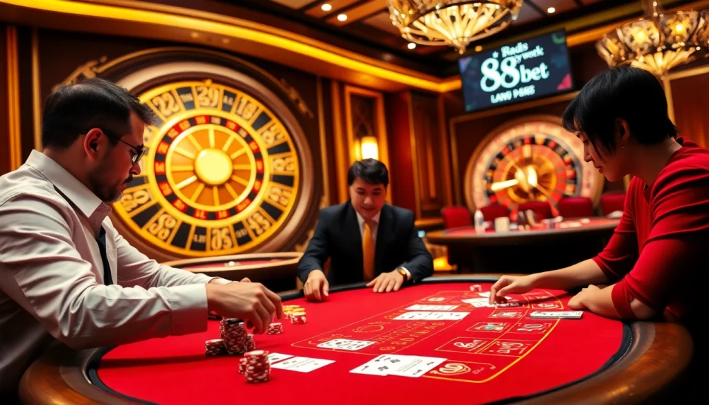 Experience the thrilling atmosphere of 88i bet at a lively blackjack table with vibrant chips and a roulette wheel.