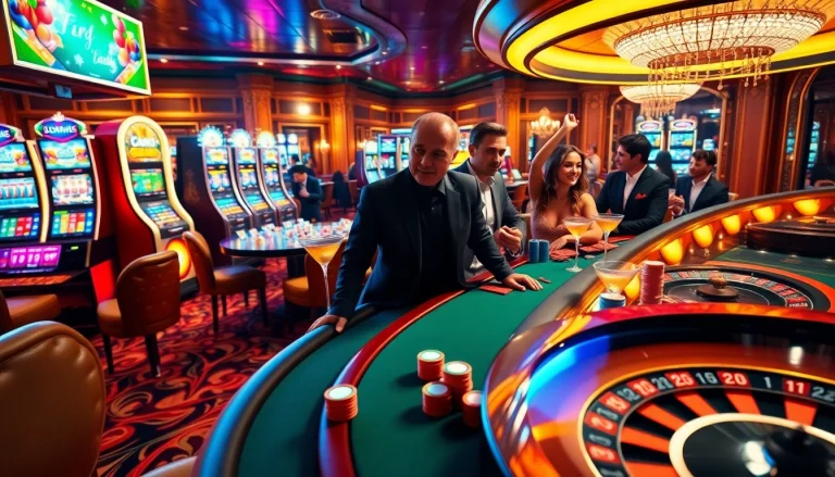 Players enjoying a vibrant gaming experience at dom88.us.com with poker chips and slot machines.