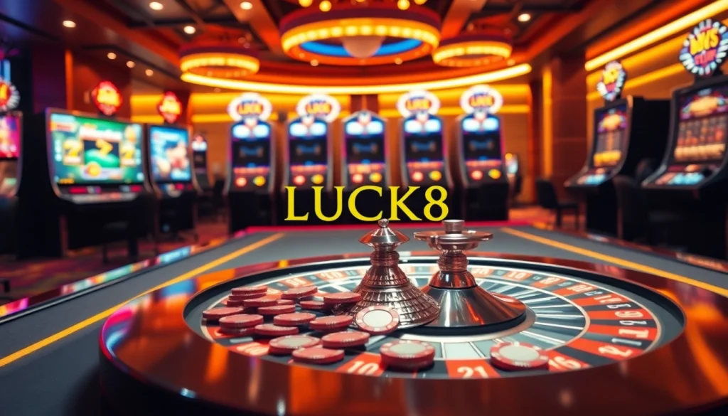 Experience the thrill of LUCK8 with vibrant casino visuals showcasing roulette, poker chips, and slot machines.