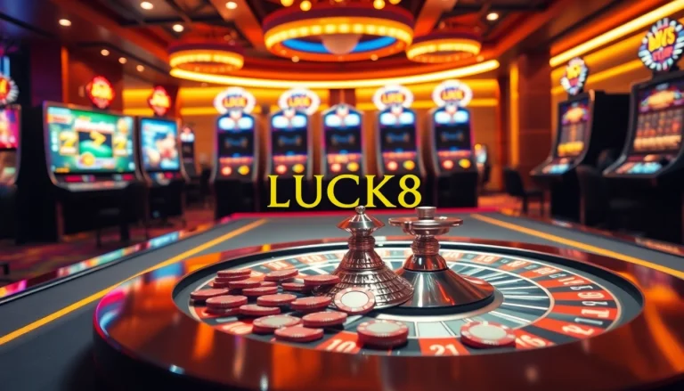 Experience the thrill of LUCK8 with vibrant casino visuals showcasing roulette, poker chips, and slot machines.