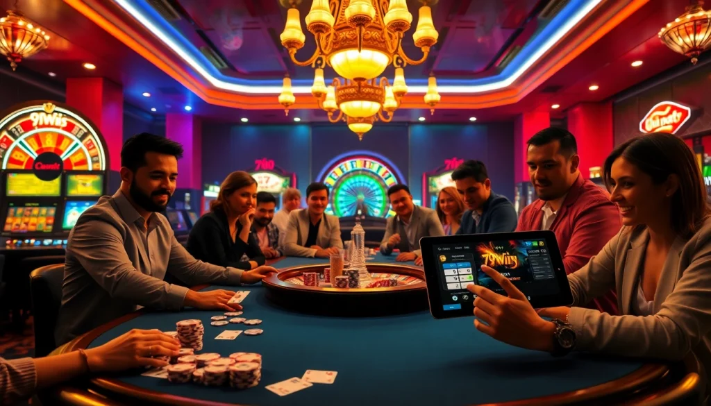 Players engage in a thrilling 79win bet at a luxurious poker table in a vibrant casino.
