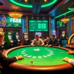 Engaging FB88 online casino scene with vibrant slot machines and poker games.