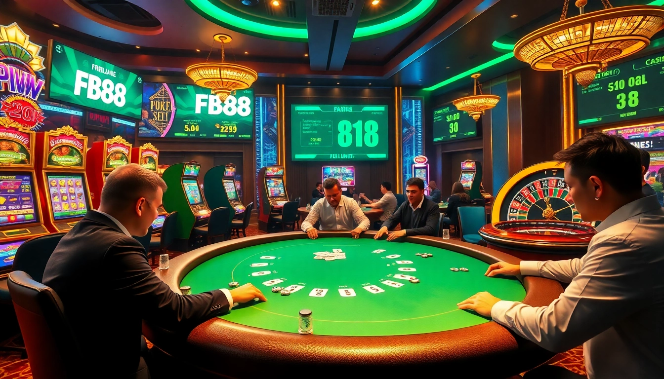 Engaging FB88 online casino scene with vibrant slot machines and poker games.