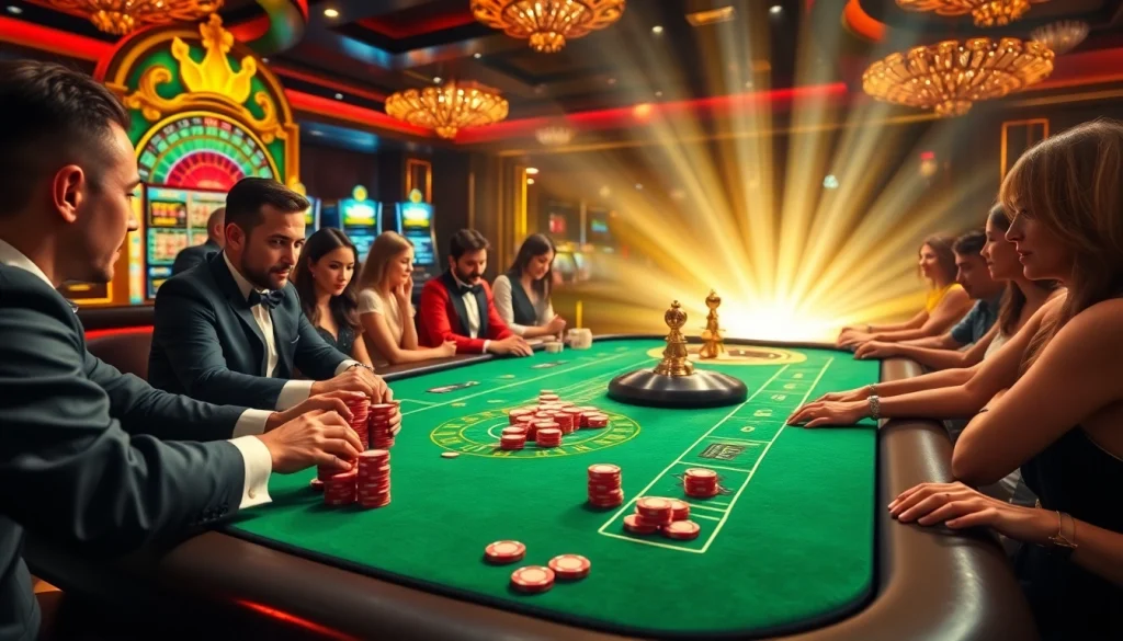 Experience the excitement of TK88 at a luxurious poker table surrounded by eager players and dazzling casino lights.