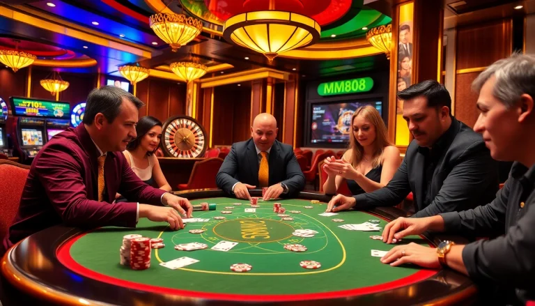 Engage in thrilling games at the MM88 casino table with vibrant chips and cards.
