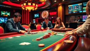 Exciting casino scene featuring haywin poker strategies with vibrant tables and engaged players.