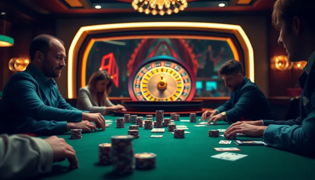 Experience the excitement at nhà cái 39bet with players engaged at a stylish poker table.