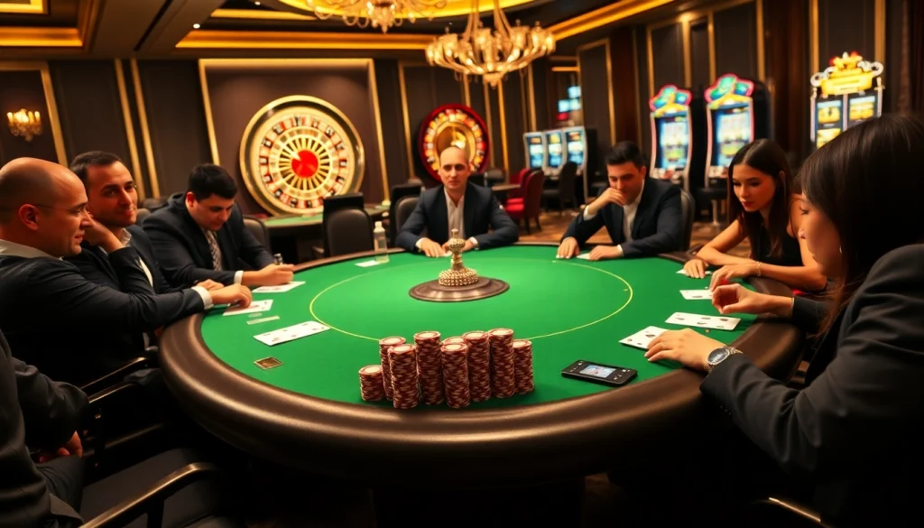 Engaged players at a poker table strategizing their moves in a luxurious setting at https://rr88.navy/.