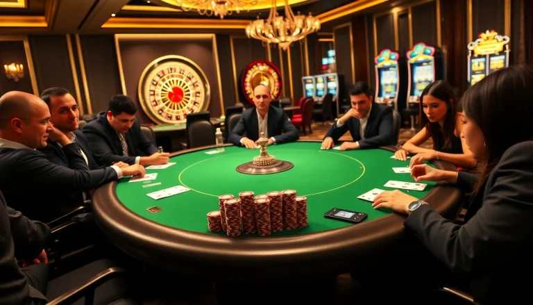 Engaged players at a poker table strategizing their moves in a luxurious setting at https://rr88.navy/.