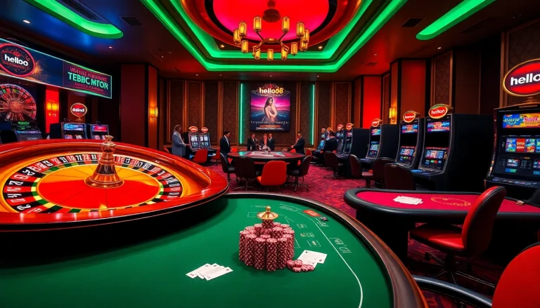 Hello88 casino scene featuring a vibrant roulette table and excited players engaging in games.