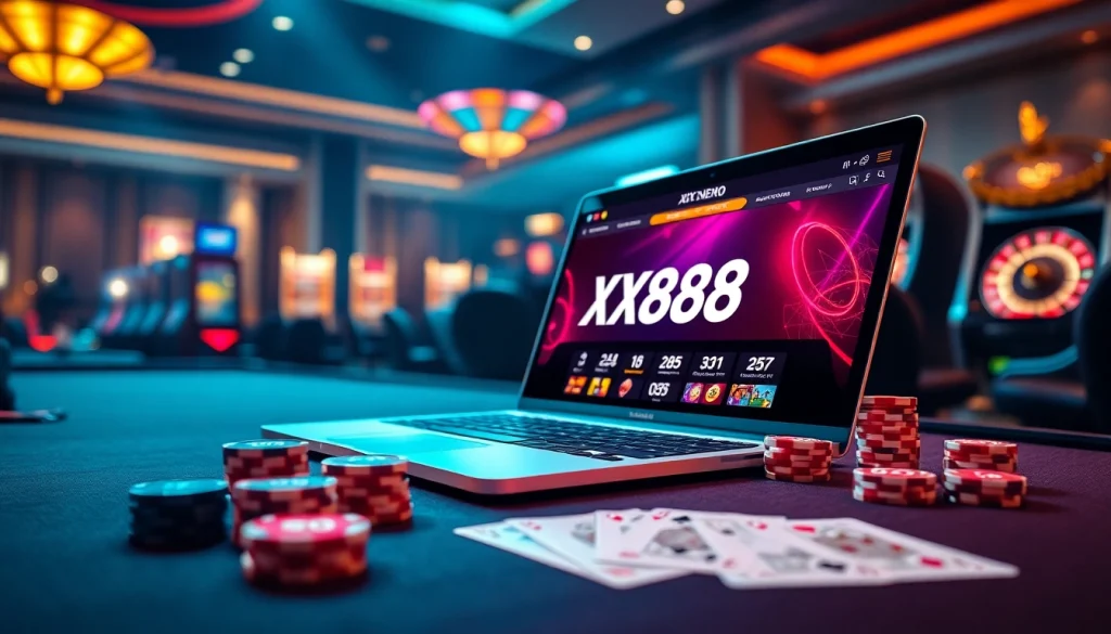 Experience thrilling online gambling at XX88 with vibrant casino visuals, poker chips, and cards.
