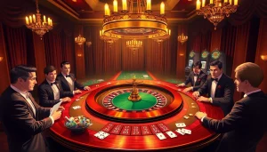Experience high-stakes gambling at OKKING's luxurious casino scene with roulette, poker chips, and excited players.