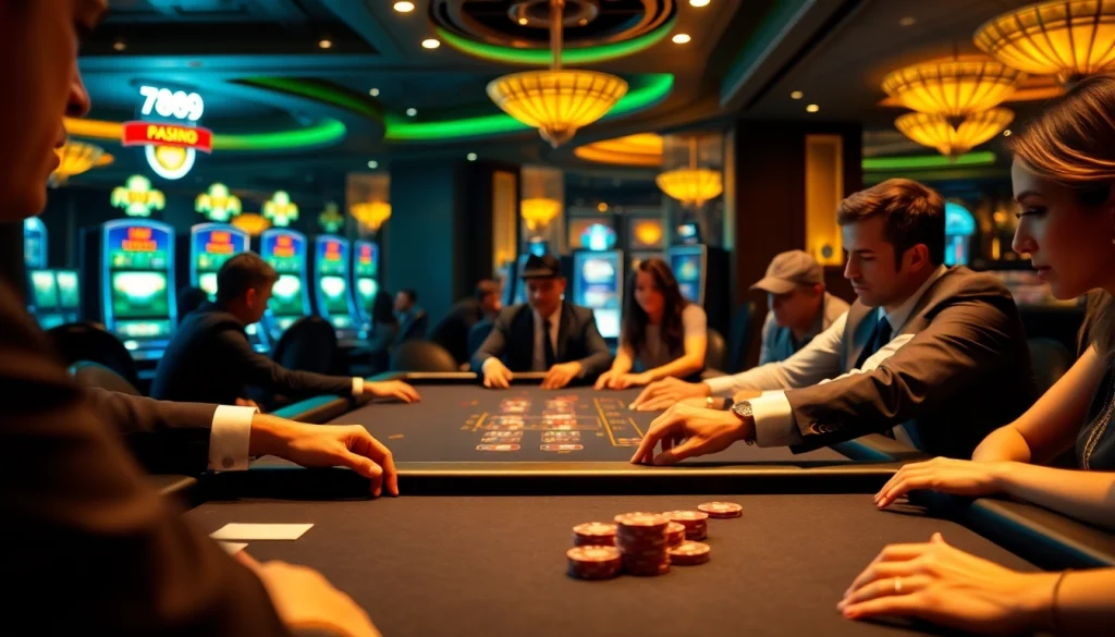 A group of enthusiastic players enjoying a thrilling game at 789club casino table, engaged in gambling excitement.
