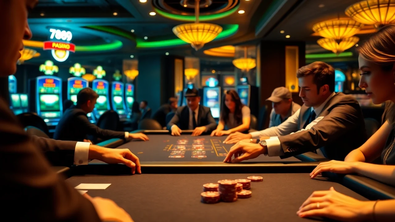 A group of enthusiastic players enjoying a thrilling game at 789club casino table, engaged in gambling excitement.