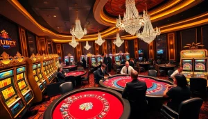 Kubet casino scene with players strategizing over poker tables and vibrant slot machines.