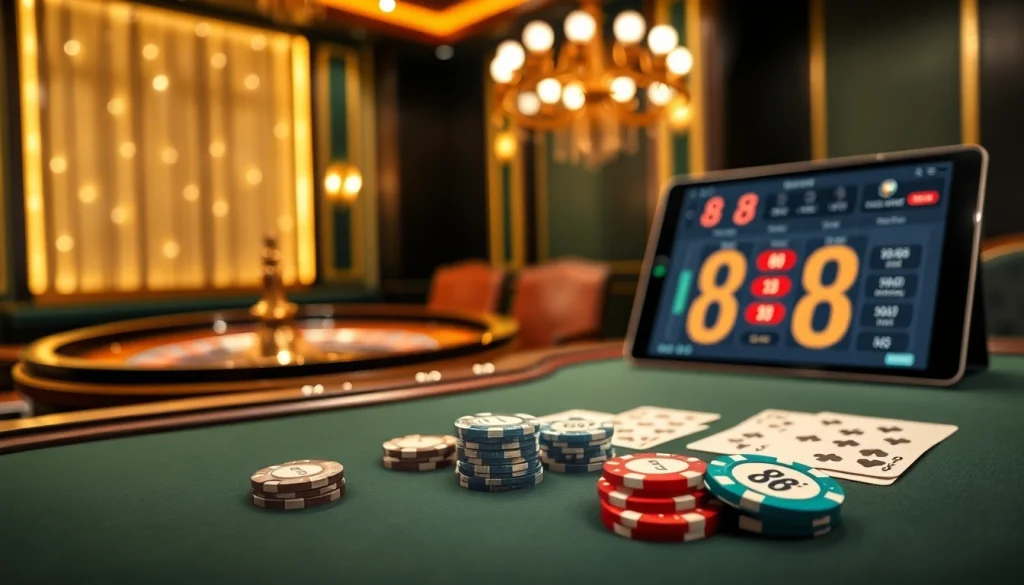A vibrant casino scene featuring poker chips and a sleek online betting interface highlighting 88i strategies.