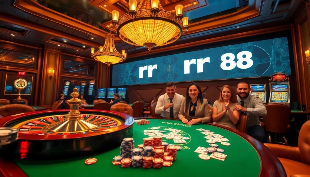 Experience thrilling action at rr 88 casino with poker chips and roulette wheel.