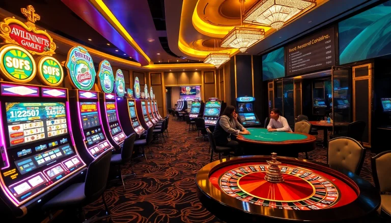 A vibrant casino scene showcasing slot machines and a roulette wheel at https://soibet.vision/, depicting the thrill of online gambling.