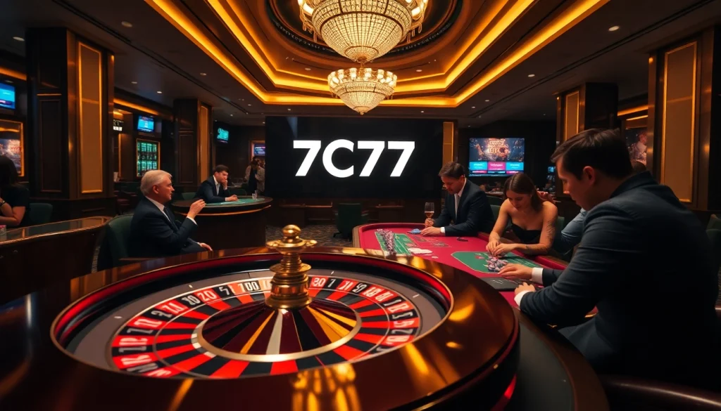 Experience the excitement of 7C77 with lively poker chips and a vibrant roulette wheel.