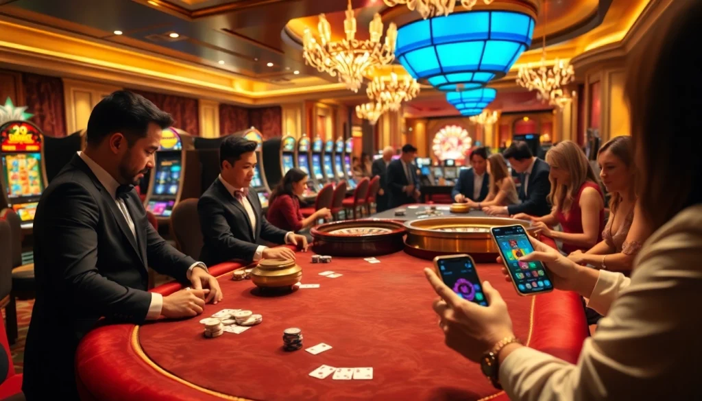 Players enjoying poker and slot machines at mm88 com casino, exuding excitement and luxury.