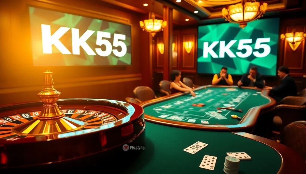 Experience the thrill of KK55 gambling amidst luxurious casino elements like roulette and poker tables.
