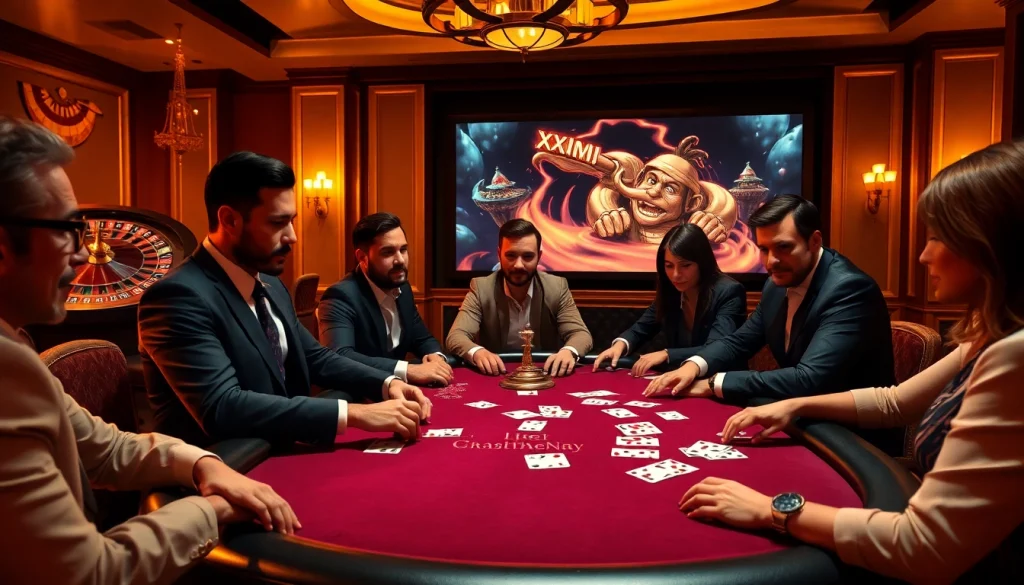 Players engaging in an intense XXX game at a vibrant casino poker table.