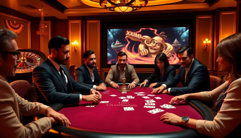 Players engaging in an intense XXX game at a vibrant casino poker table.