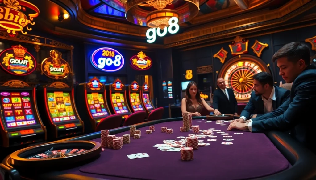 Experience the thrill of high-stakes poker with go8-inspired chips and vibrant casino ambiance.