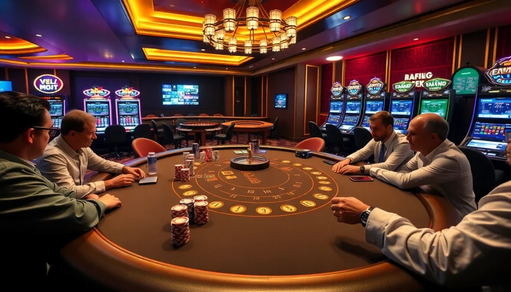 Gambling excitement at KJC's casino with players enjoying Blackjack and engaging with slot machines.