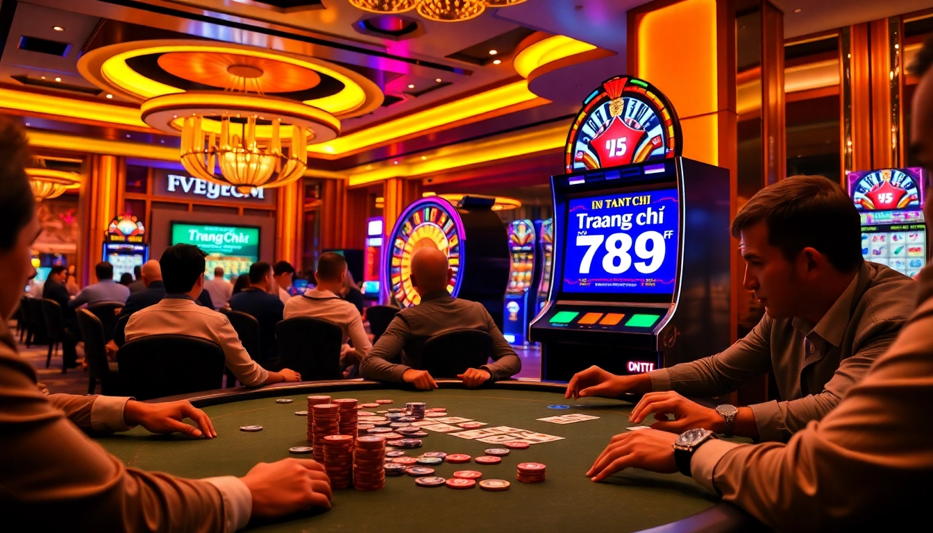 A breathtaking poker scene at Trang chủ 789F casino, showcasing engaged players and vibrant roulette wheel.