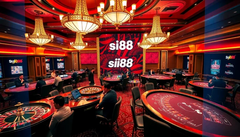 Siu88 casino scene with vibrant gaming tables and excited players engaged in gambling.