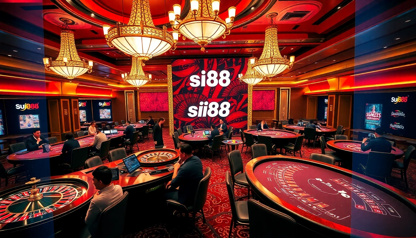 Siu88 casino scene with vibrant gaming tables and excited players engaged in gambling.