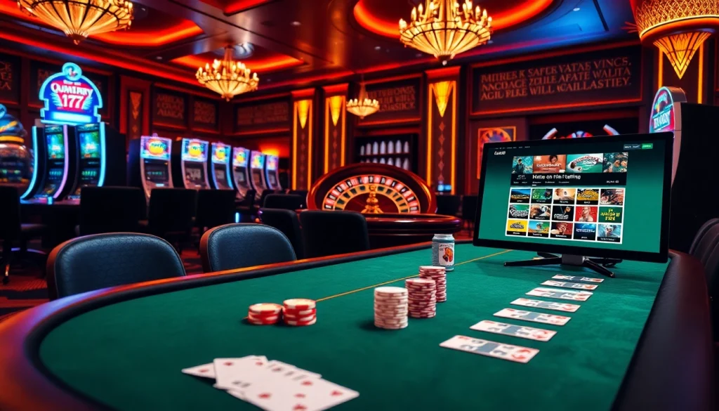 The thrilling atmosphere of a casino featuring a poker table, roulette wheel, and slot machines, highlighting https://w88ai.net/ for exciting online gambling.