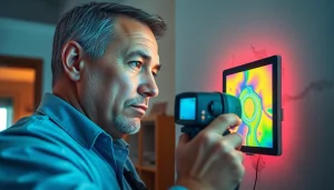 Leak detection technician using thermal imaging to find water leaks in a home.