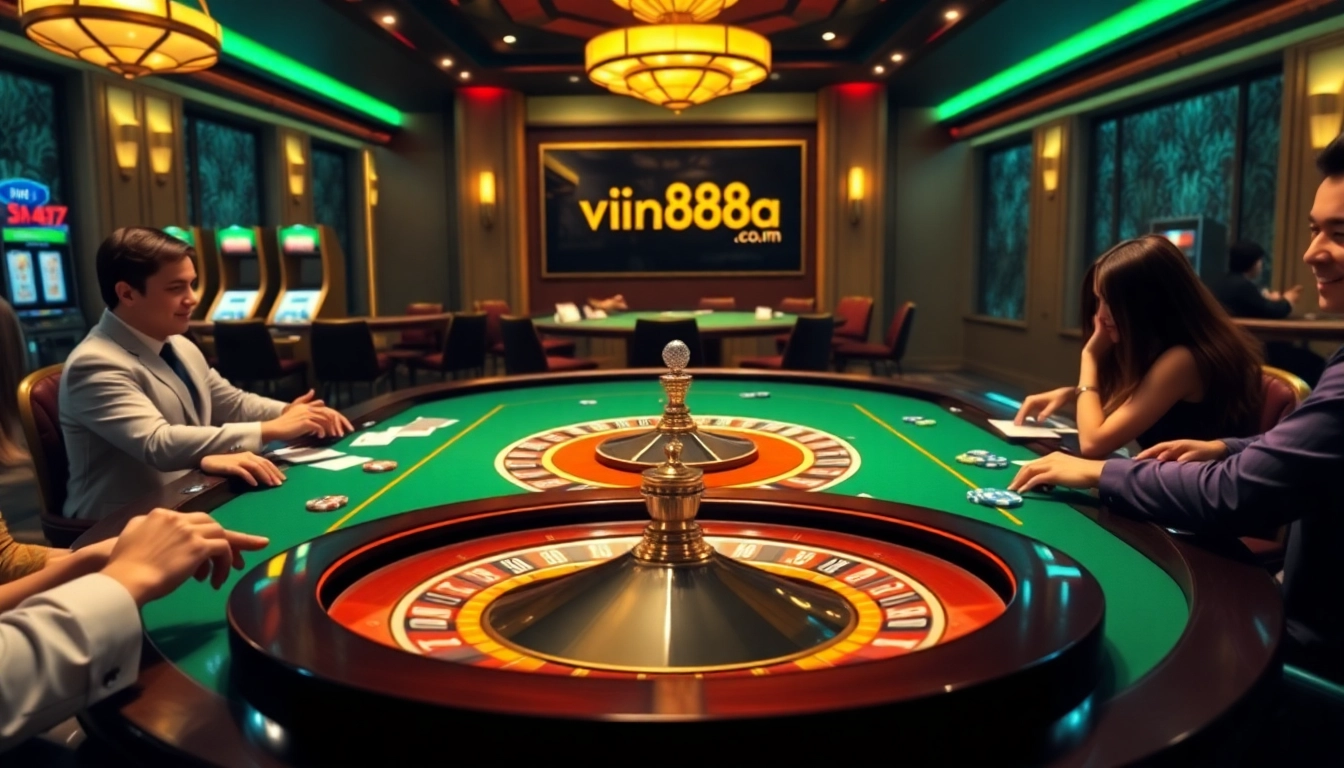 Experience excitement at vin88a.co.com with players engaging at a luxurious casino roulette table.