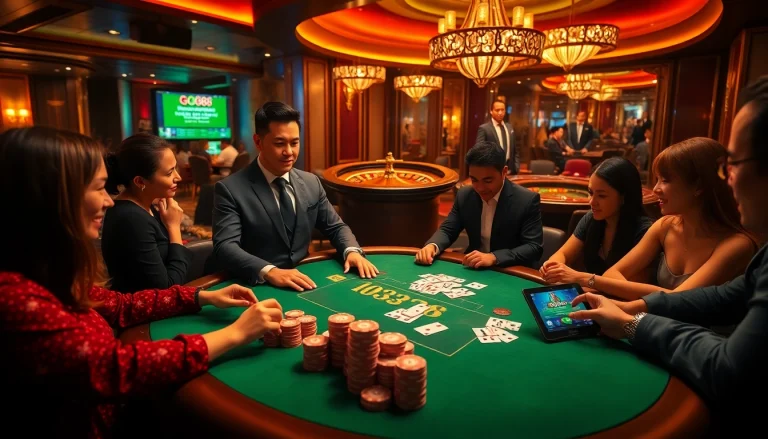 Tải GO88 and immerse in thrilling casino games with poker chips and lively players at the table.