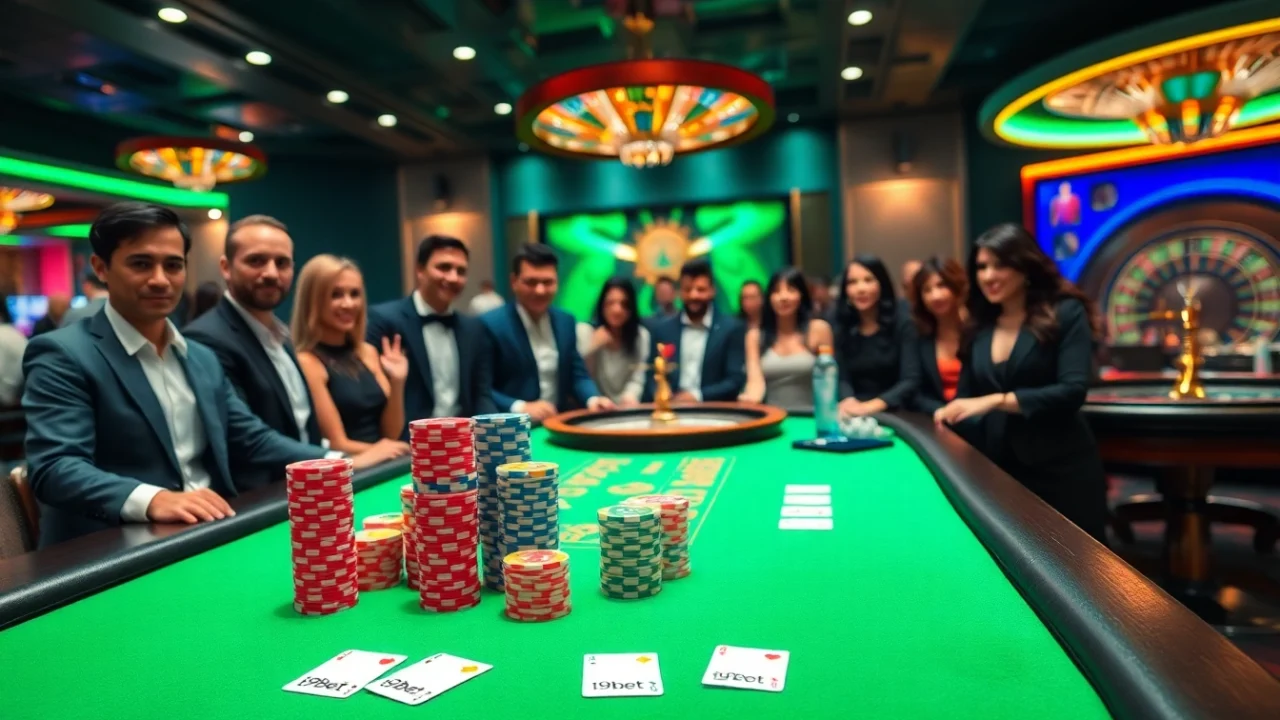 Players engaging in high-stakes poker at i9bet casino table, showcasing vibrant chips and cards.