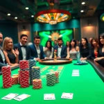 Players engaging in high-stakes poker at i9bet casino table, showcasing vibrant chips and cards.