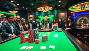 Players engaging in high-stakes poker at i9bet casino table, showcasing vibrant chips and cards.