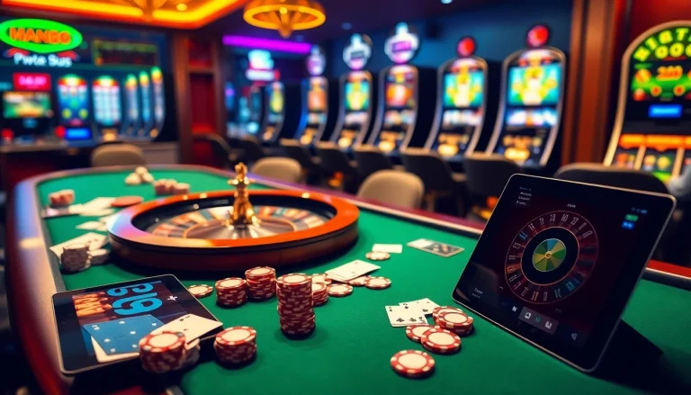 Experience the excitement of MM88 with poker chips and a roulette wheel in a luxurious casino scene.