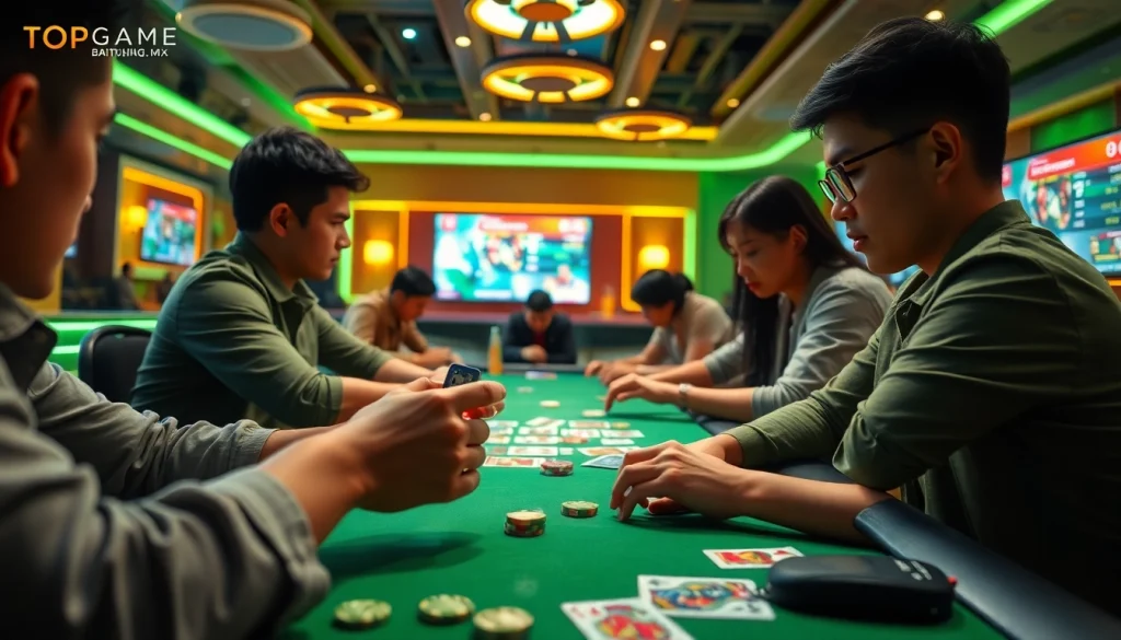 Engaging scene of players at topgamebaidoithuong.mx focused on card games like Tiến Lên, showcasing excitement and skill.